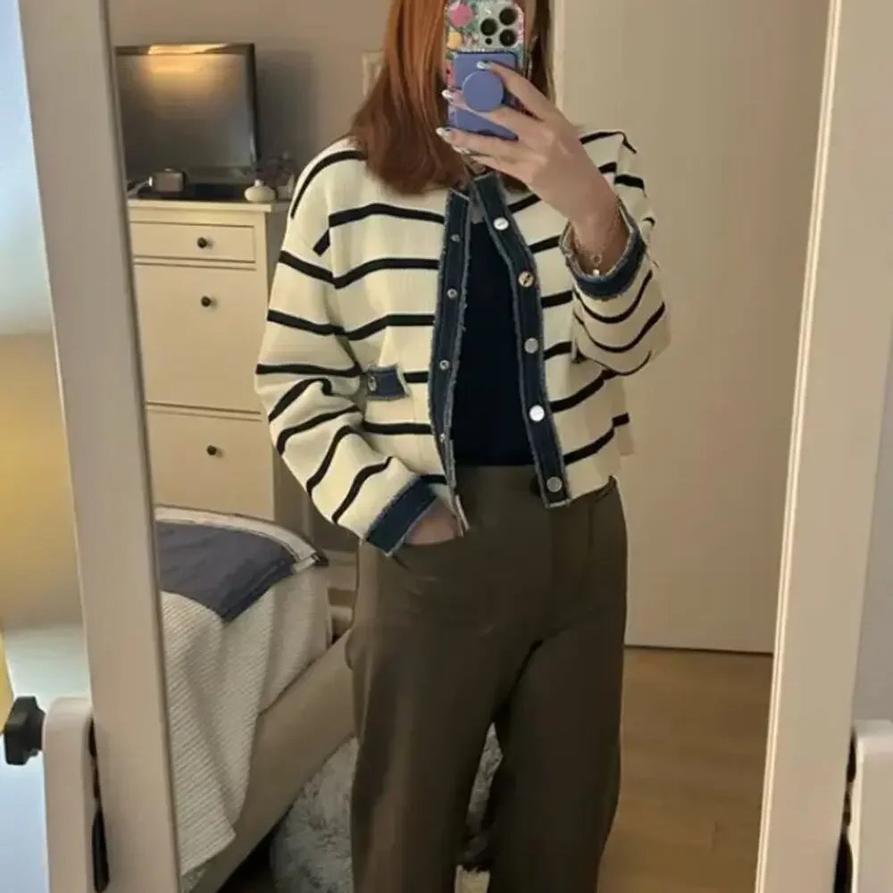 Sandro White Blue Stripe Cardigan SIZE 4  Lady Jacket Denim Preppy Designer $368